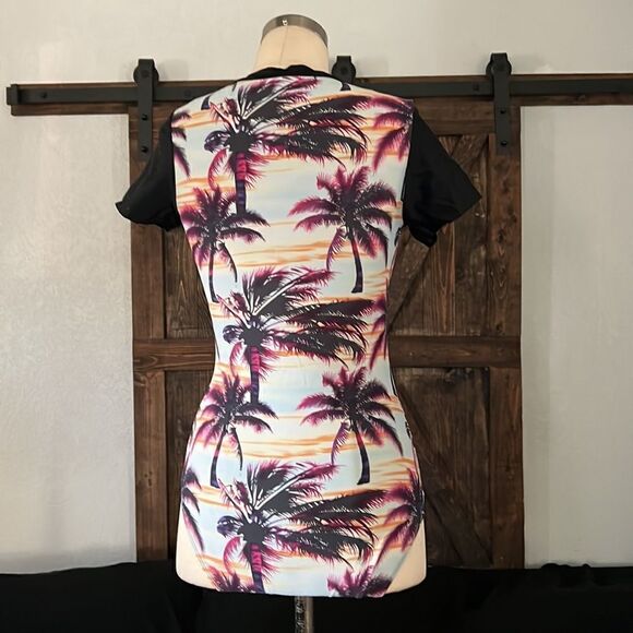 Tropical Palm Tree Prints One Piece Swimsuit Zipper Front Swimwear Small - Picture 8 of 15
